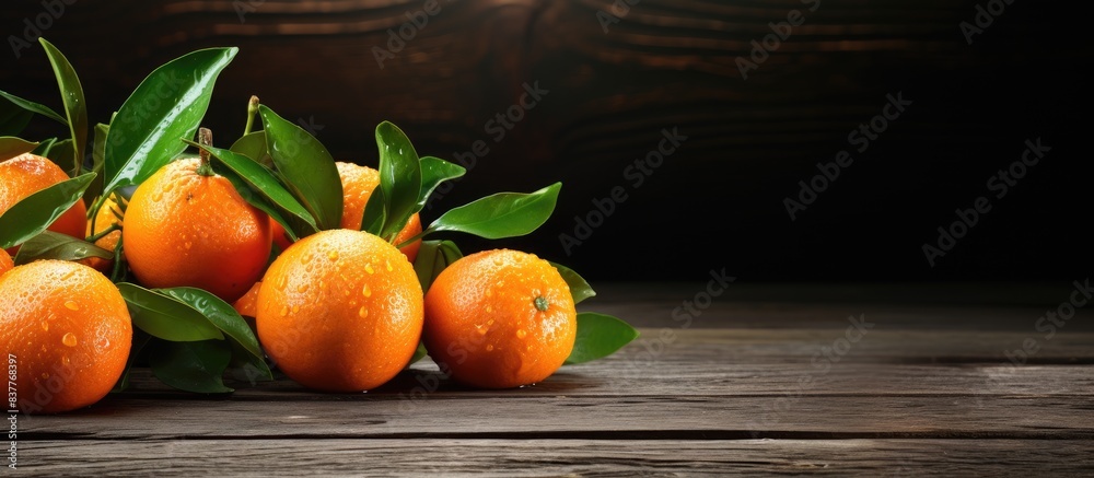 Poster fresh tangerines on a wooden backdrop with copy space image.