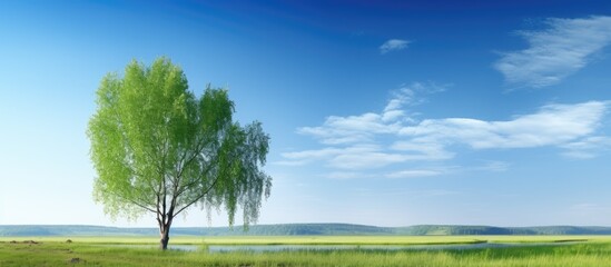 A serene summer landscape showing a solitary birch tree against a scenic backdrop with vast copy space image.