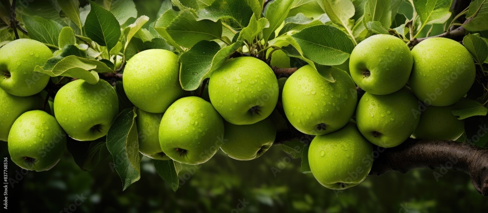 Aufkleber an apple tree with green apples, showcasing young fruits hanging from a branch, with copy space imag