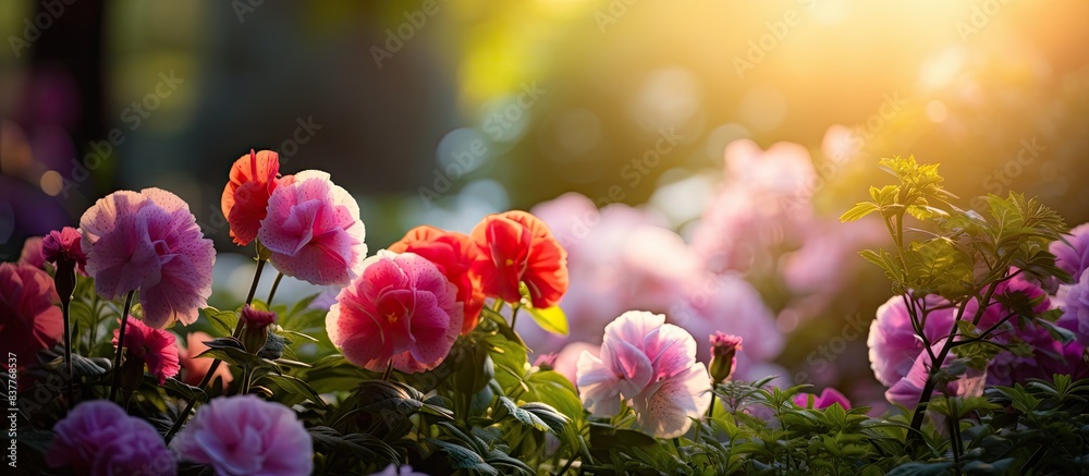 Poster the garden's beautiful flowers showcase nature in a mesmerizing way with lush greenery and vibrant h