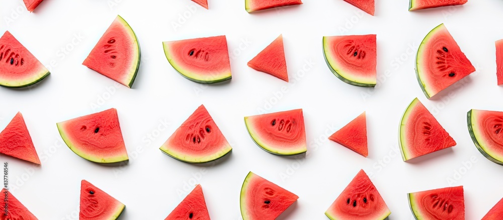 Aufkleber Ripe watermelon slices on a white backdrop in a top-down flat lay view, suitable for use as a banner with copy space image.