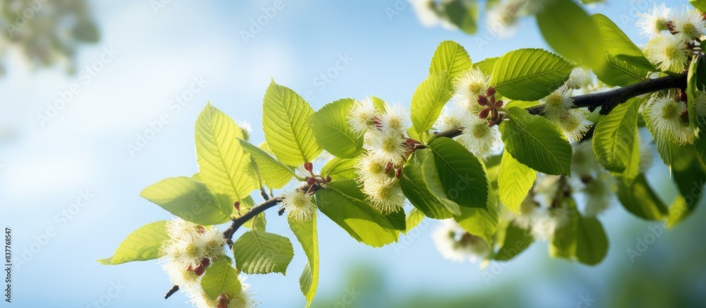 Poster springtime scene featuring a blossoming chestnut branch with copy space image.