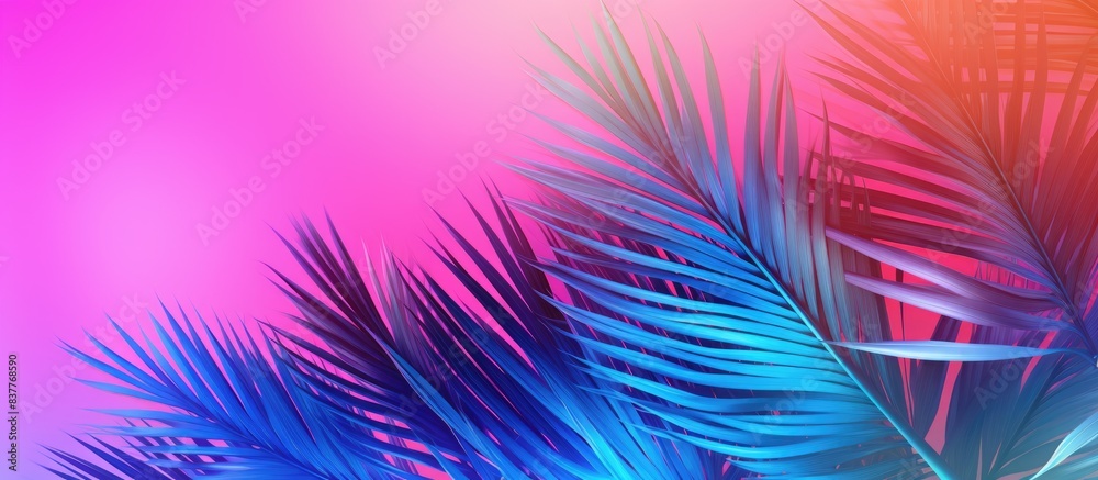 Poster Concept art featuring vibrant bold gradient holographic neon-colored tropical and palm leaves, creating a minimal surrealistic summer backdrop with copy space image.