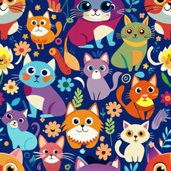 Fototapeta premium Seamless pattern of retro-inspired animal motifs like cats, dogs, and birds in playful colors, Generative AI