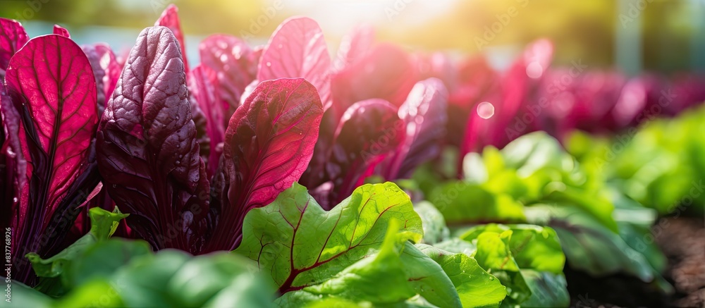 Poster beetroot leaves in the garden with beetroots grown for edible roots and colorful salad leaves, featu