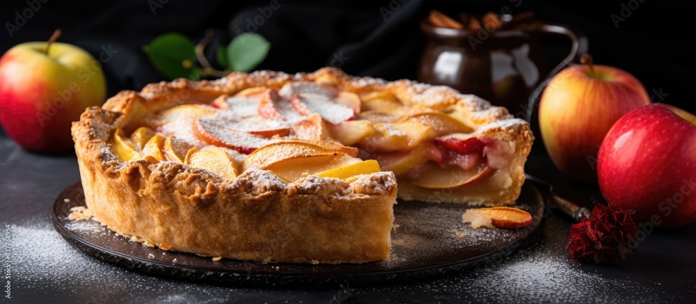 Poster delicious french apple pie on a dark marble background with fresh fruit slices, presenting a closeup