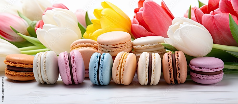 Poster tulips surrounding classic macaroons on a white backdrop, providing a copy space image.