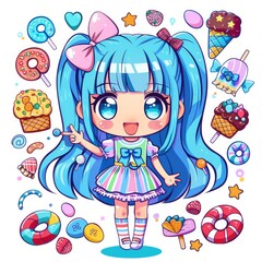 Fototapeta premium Cute candy chibi picture. Cartoon happy drawn characters