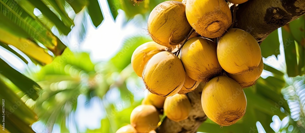 Poster Close-up of a cluster of ripe yellow coconuts on a tree with ample copy space image.