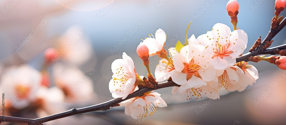 Fototapete Apricot tree in full bloom, displaying beautiful flowers against a blurred background in a close-up shot with a soft selective focus, creating a spring floral concept with copy space image.