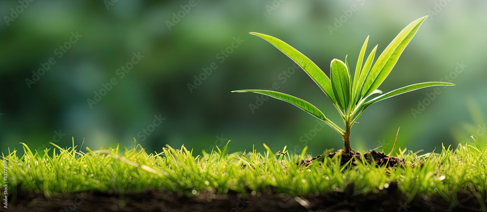 Aufkleber Palm tree sapling placed on lush green grass, with a clear area around it for additional design or text in a copy space image.