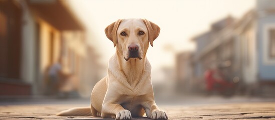 A beige Labrador retriever dog looks at the camera outdoors, with a street backdrop in a summery setting, creating a lovely copy space image. - Powered by Adobe