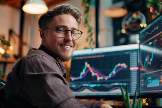 A happy young crypto trader at their workplace, smiling confidently at the camera. Multiple screens displaying cryptocurrency charts and data are visible in the background