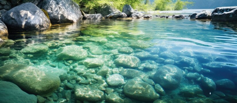 A small spring features crystal clear water flowing smoothly creating a serene image with ample copy space.