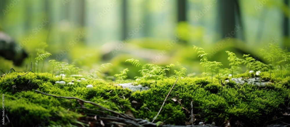 Poster summer forest landscape with a vibrant green abstract natural view featuring macro moss, ideal for a