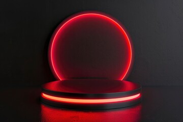 Red light round podium and black background for mock up - generative ai