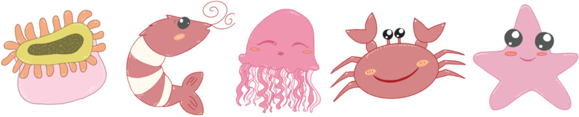 Set cartoon ocean life in red teams