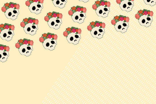 Pattern of rows of Day of Dead skulls against yellow background