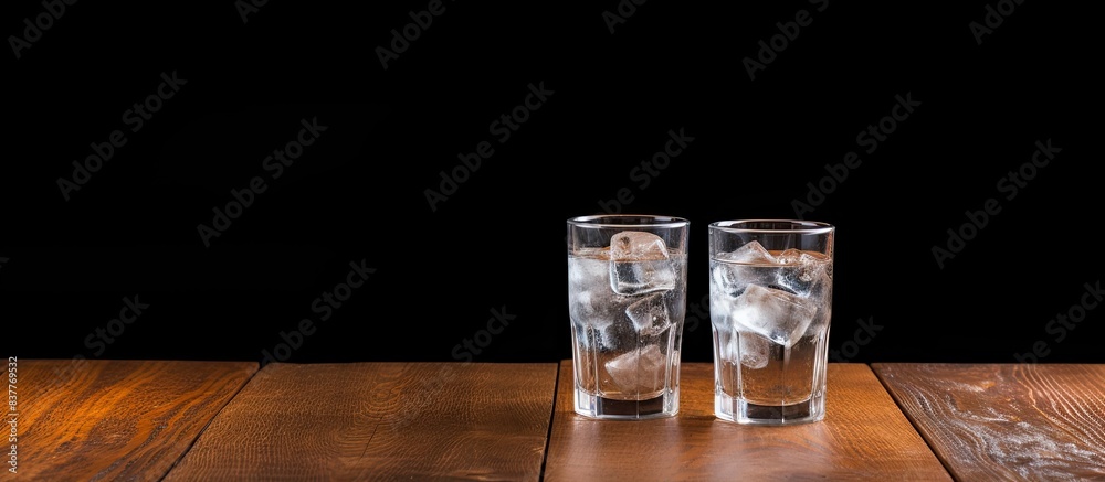 Poster On a wooden table, there is a display of two glasses, one filled with drinking water and the other with a fizzy soda, both with ice cubes, with a copy space image available.