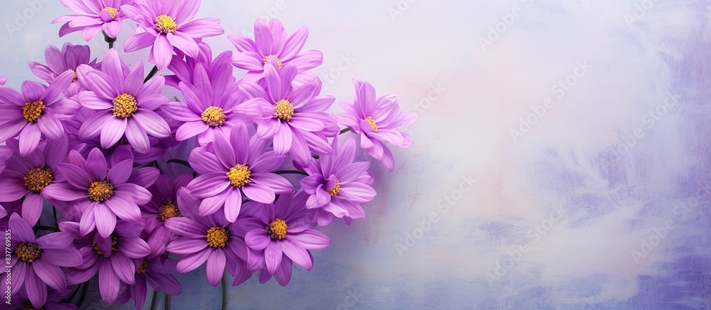 Poster pericallis senetti flowers elegantly displayed on the wall with a copy space image.