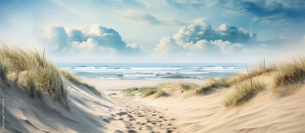 Poster sandy path winding through the dunes with a panoramic view of the beach, a perfect copy space image.