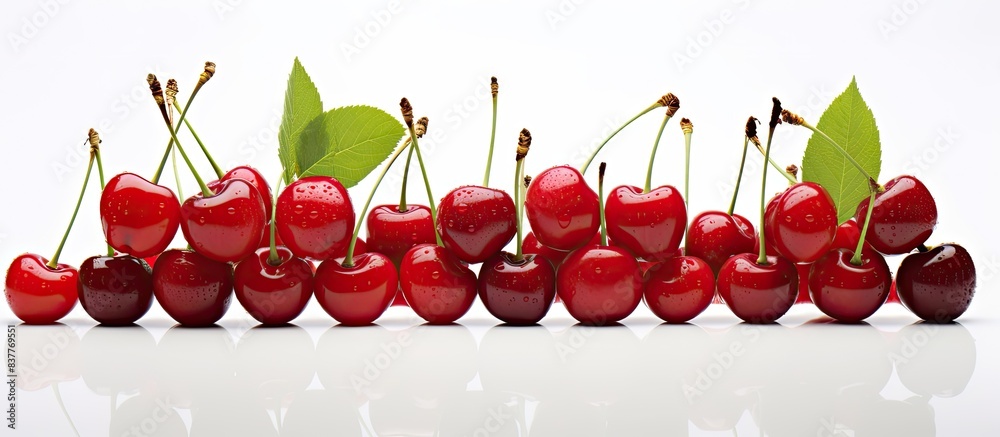Aufkleber Red cherries displayed with copy space image on a white backdrop.