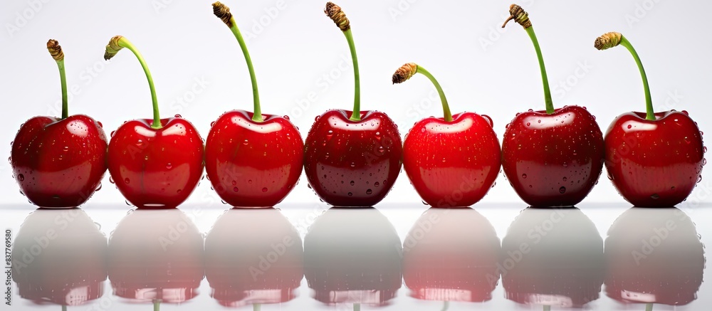 Poster Red cherries displayed with copy space image on a white backdrop.