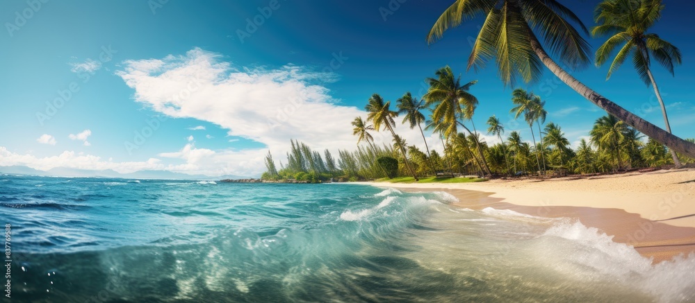 Poster a tropical beach landscape with palm trees in the foreground and a sea wave in the background, ideal