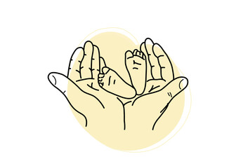 Human hands holding baby feet over white background