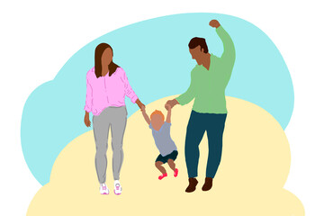 Happy man and woman holding hands with son