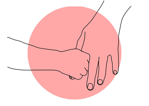 Father and daughter holding hands over pink and white background