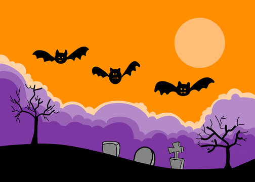 Illustration of Halloween bats flying over cemetery