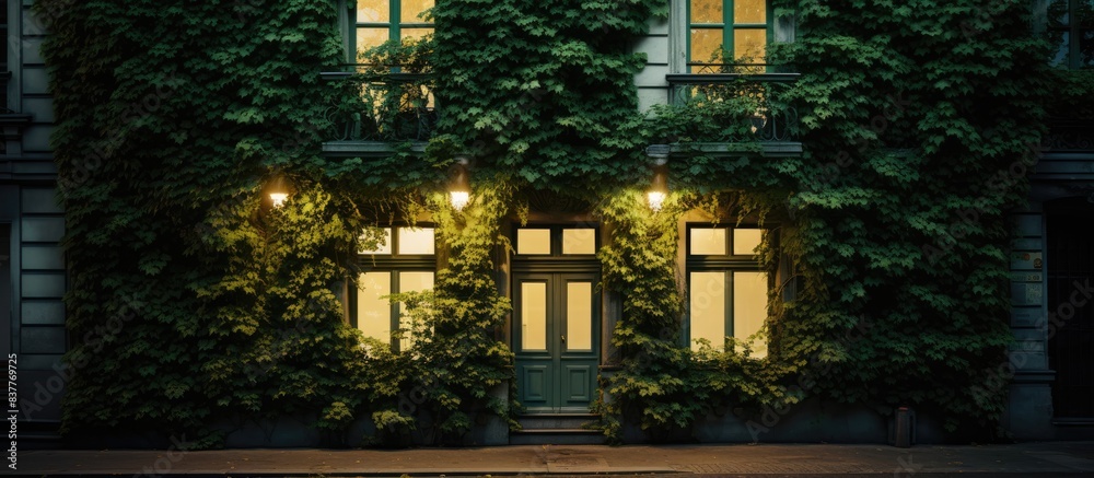 Poster romantic urban scenery featuring ivy-covered old building with classical lighting and copy space ima