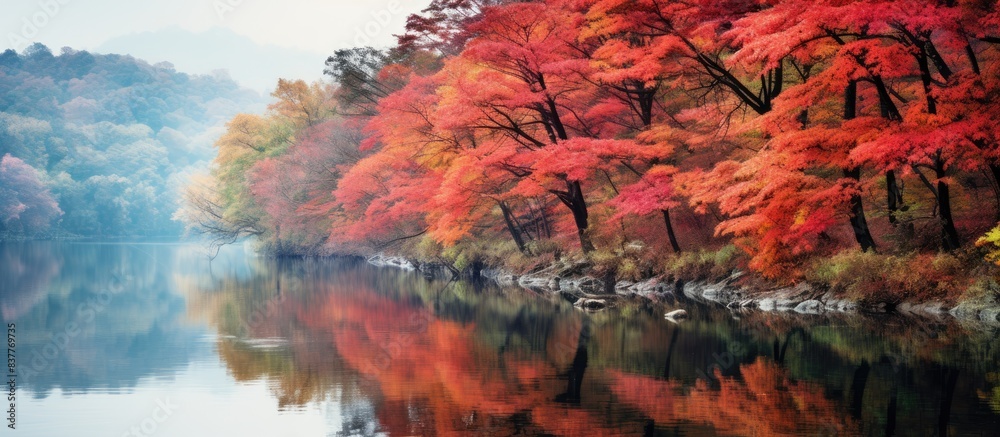 Poster a picturesque scene of a dense forest with vibrant red foliage reflected in calm water, ideal for a 