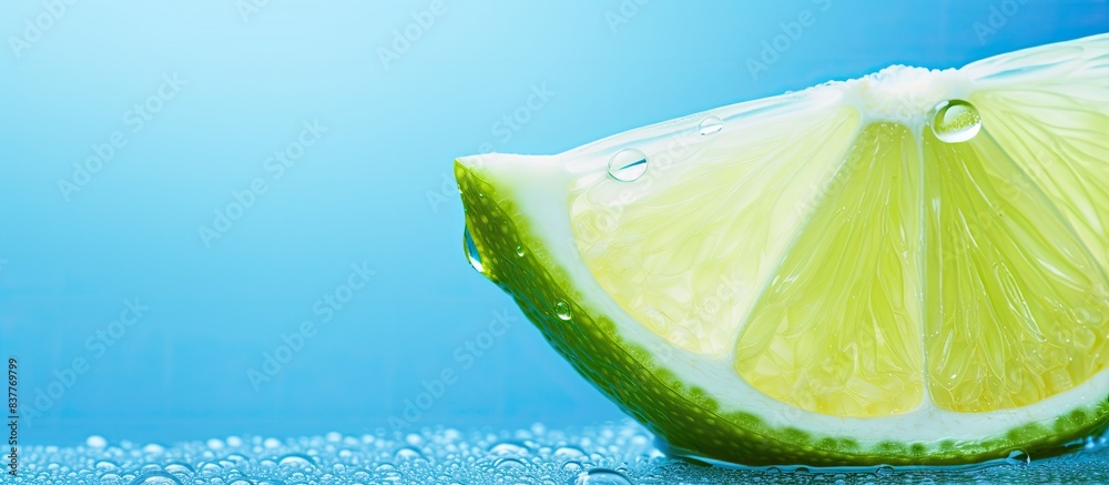 Poster A slice of lime with a drop displayed on a blue background, providing a refreshing and vibrant copy space image.