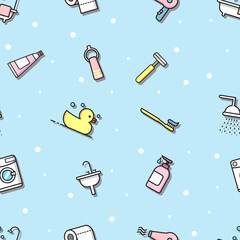 Obraz premium seamless pattern of cute cartoon pattern with bathroom supplies decorate with bubble isolated on blue background