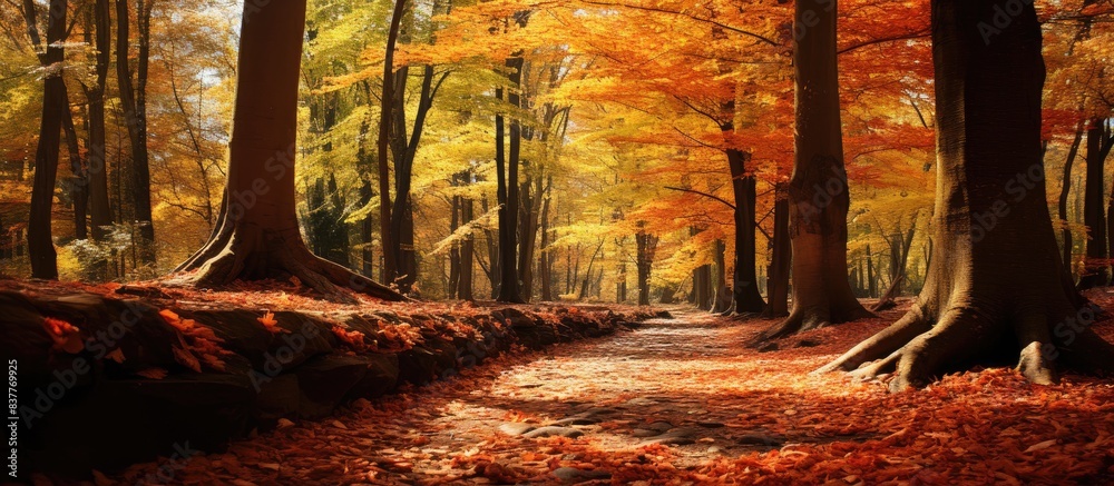 Poster autumn in the forest with vibrant foliage and a serene atmosphere, ideal for a walk amidst nature's 