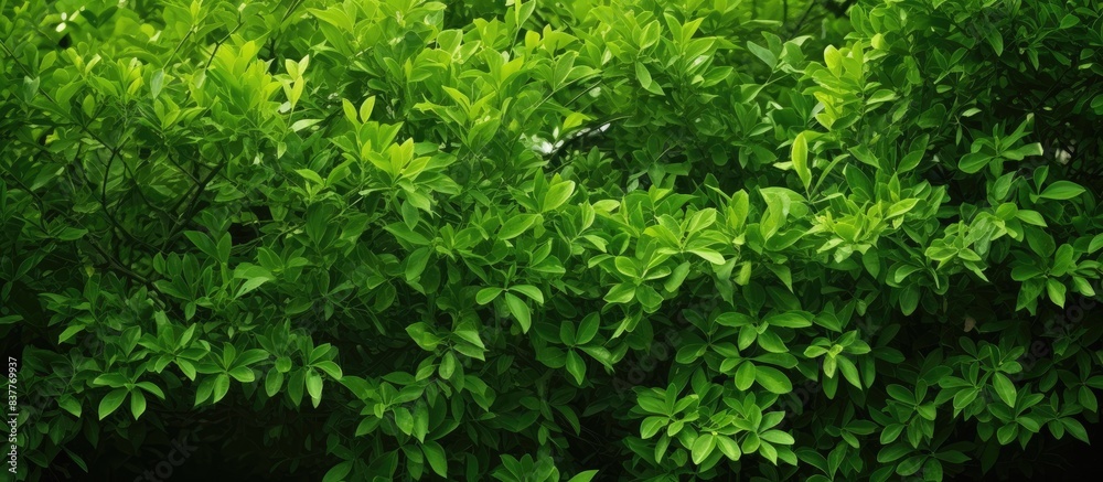 Poster lush green foliage of trees and bushes in their natural habitat with a blank area for inserting imag