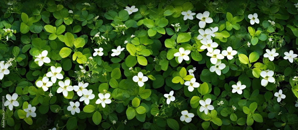 Poster Backdrop of small flowers and green leaves creating a fresh nature scene with a background suitable for a copy space image.