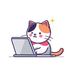 Cute cartoon cat using laptop, skilled kitty typing, charming feline digital user. Adorable tricolor cat working remotely, professional pet browsing internet, smart animal office concept. Cartoon
