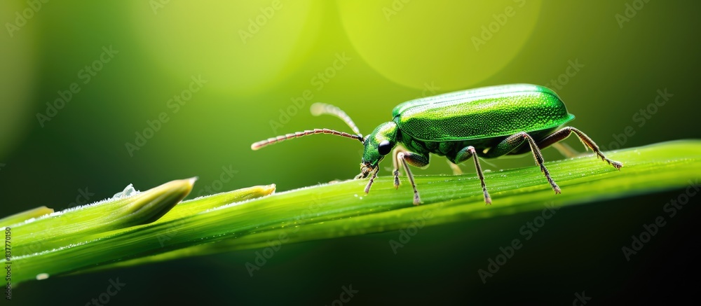 Poster a metallic green insect perched on a blade of grass against a green background with copy space image
