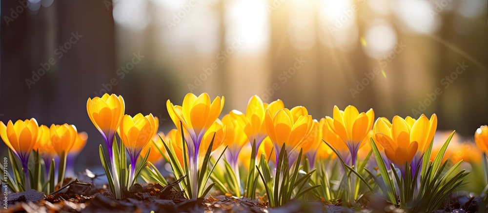Poster the garden showcases vibrant yellow crocus or saffron buds blooming under the spring sun, adding a t