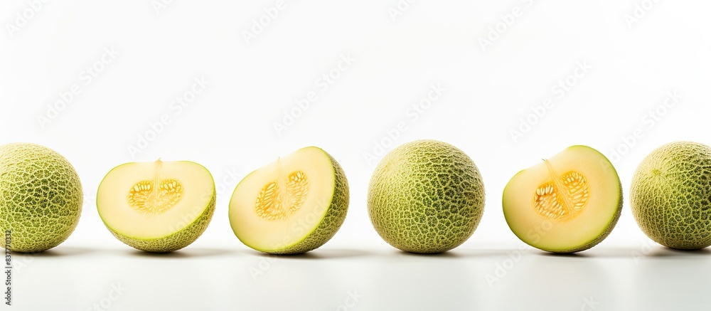 Poster fresh green and sliced cantaloupe melons on a white backdrop with copy space image.