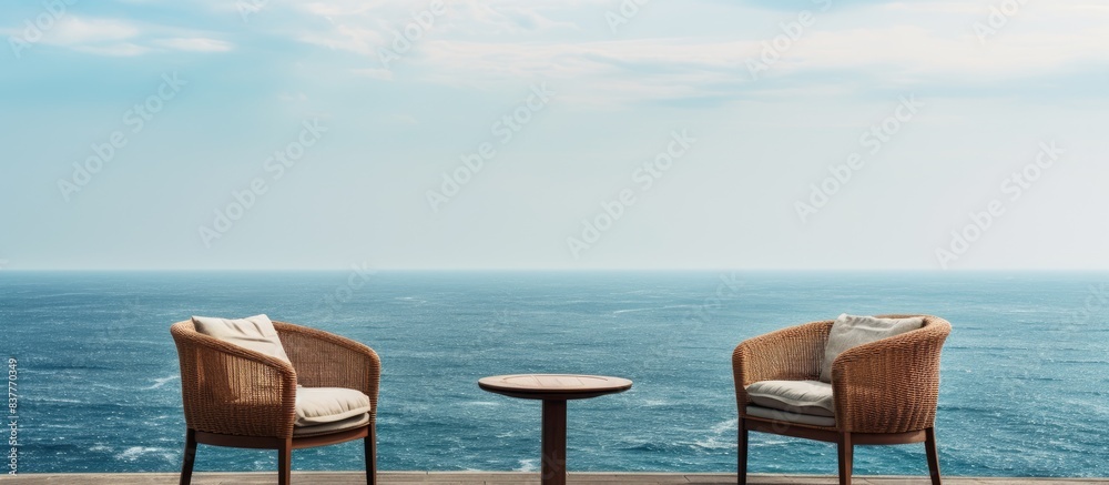 Poster A lovely set of chairs sit on the balcony overlooking the ocean, creating a tranquil spot with a serene view of the sea and copy space image.