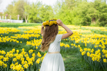 Girl wearing dandelion wreath and standing in daffodil flowers field