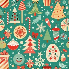 Seamless pattern of retro-inspired holiday motifs like Christmas trees, snowflakes, and candy canes in festive colors, Generative AI