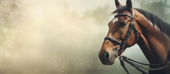 Equestrian scene featuring a bay horse wearing a leather bridle and lead rope on a misty summer day, highlighting horse riding and equestrian sports with a copy space image.