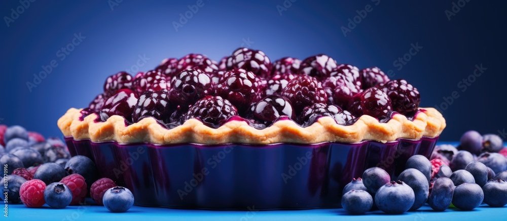 Poster Blueberry pie with fresh berries on a violet backdrop with copy space image.
