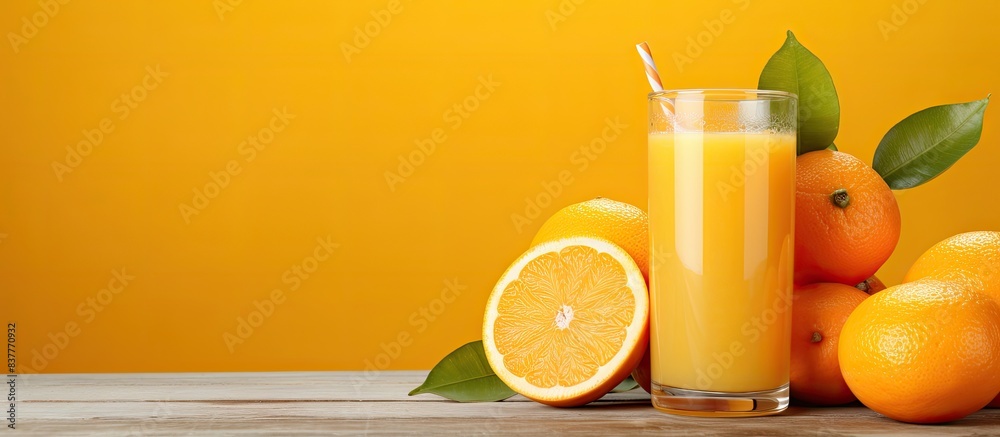 Poster fresh and delicious oranges and orange juice, displayed in a vibrant copy space image.