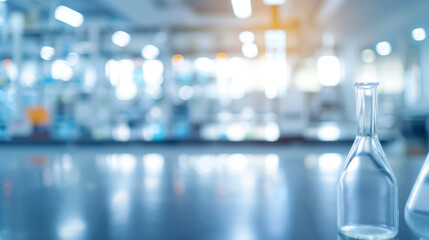 Empty glass flask in blue toned laboratory background. Clean, empty glass flask in a modern laboratory setting, ideal for science, research, or medical-themed projects.